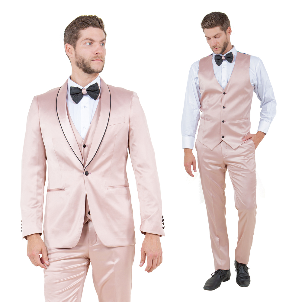 Skinny Fit 3pc Mens Satin Suit Set w/ Bowtie by Tazzio, Pink Rose